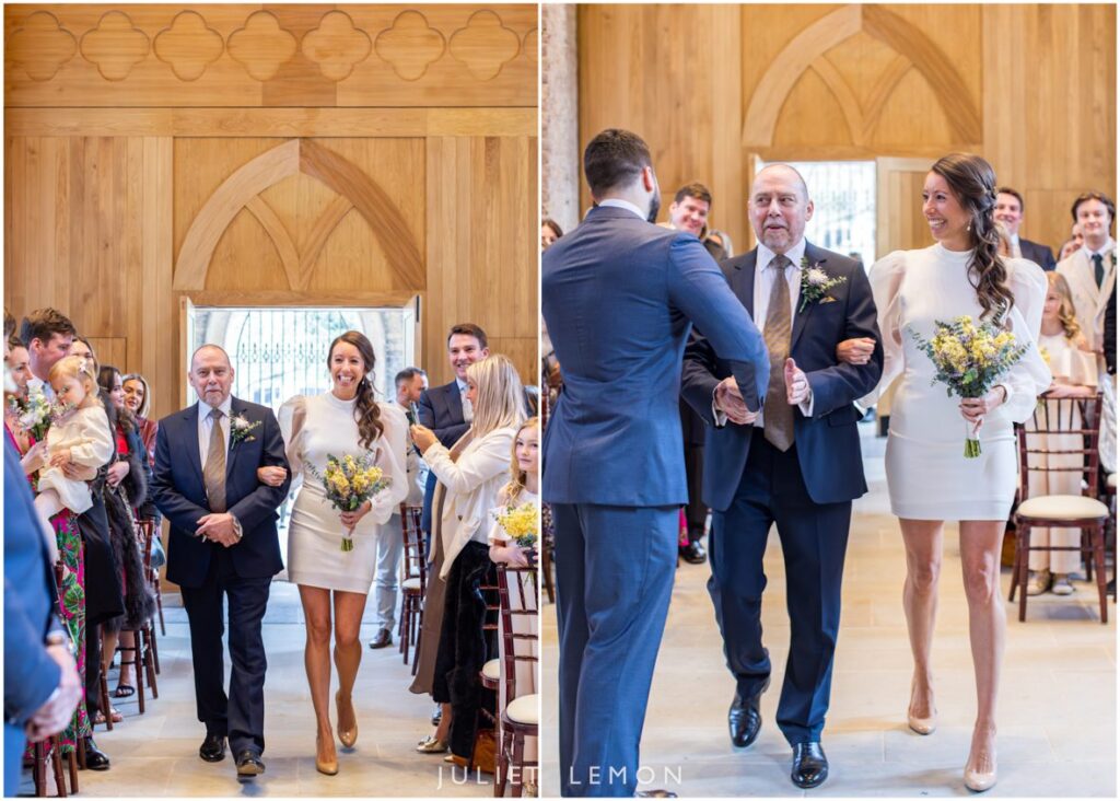 an excited bride being escorted up the aisle by her father to her husband-to-be