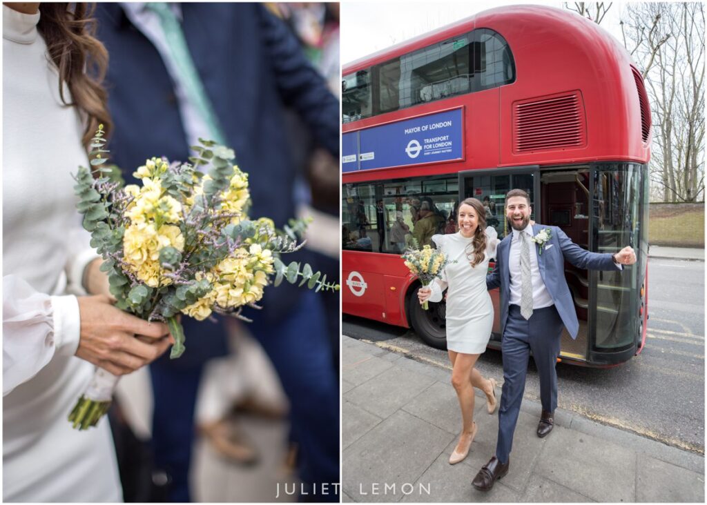 bride and groom hand in hand, stepping off the red London bus in Islington on way to their wedding reception