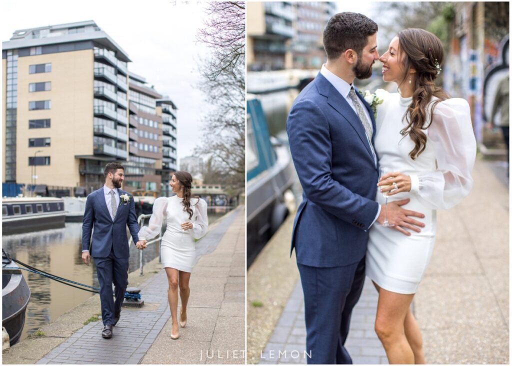 Hackney wedding photographer capturing a couple walking along the canal near Abney Park wedding venue.