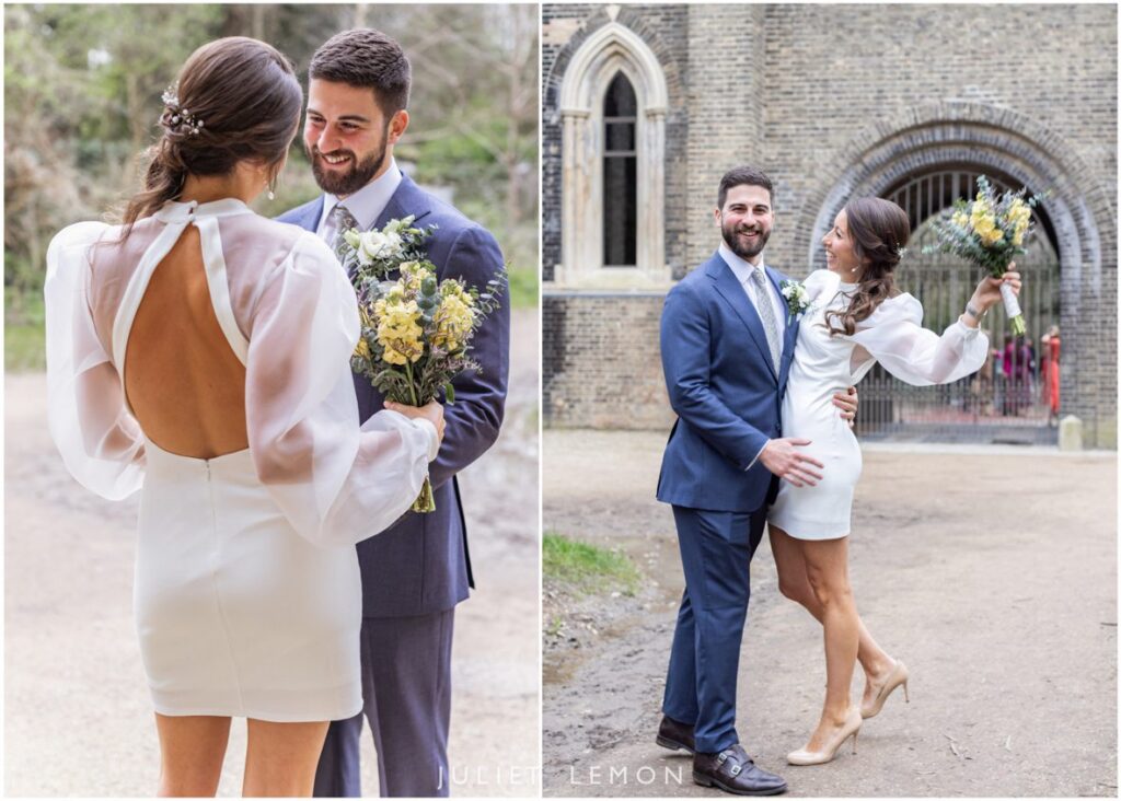 A collage of two images of the couple posing by the historic chapel archway