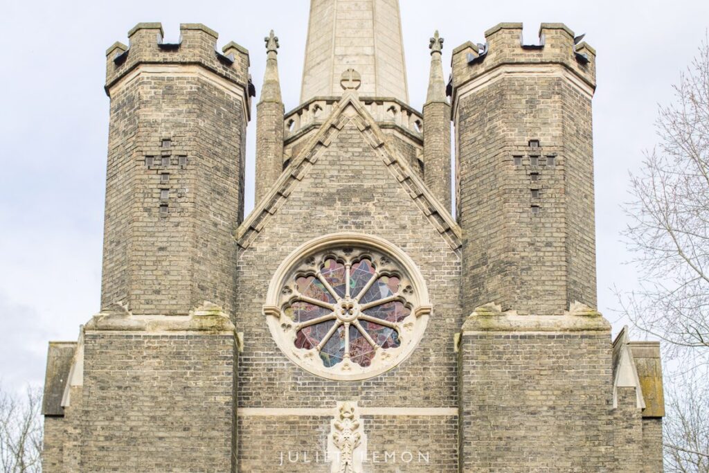 Close-up of the Gothic rose window at Abney Park Chapel, captured by an Abney Park wedding photographer.