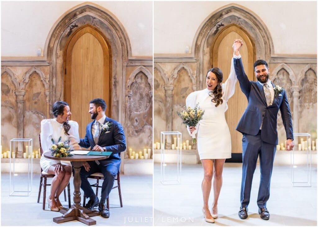 Non-traditional wedding venue London ceremony showing a joyful couple holding hands after signing.