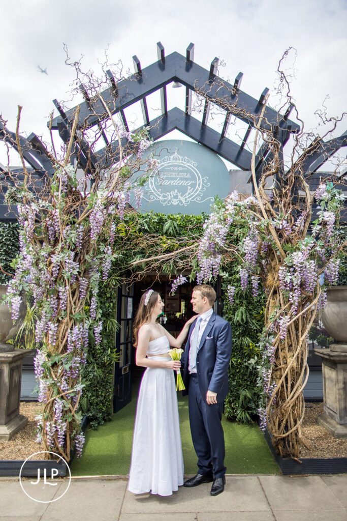 Erin and Robert at The Chelsea Gardener during their stylish London wedding day.