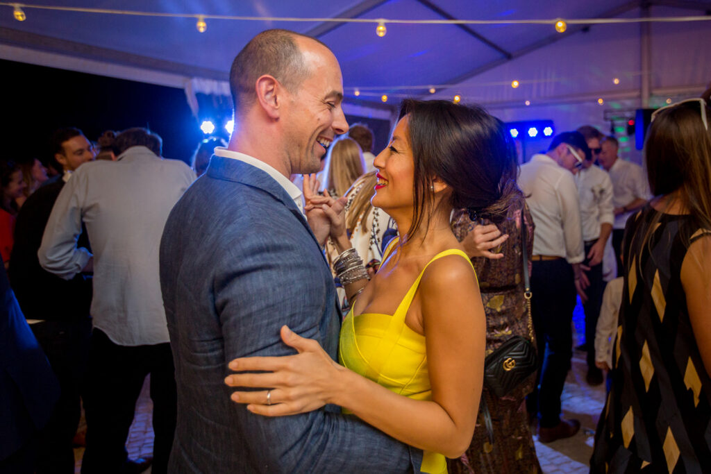 Wedding guests enjoying the dance floor during a lively Quinta dos Vales wedding reception in the Algarve.