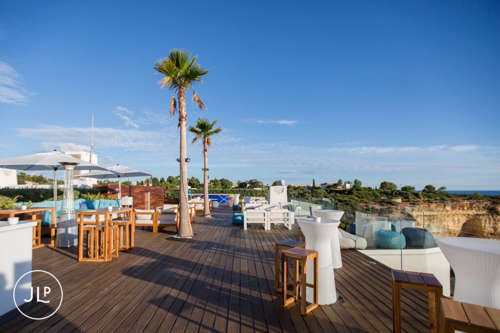 Elegant empty terrace at Sky Bar Carvoeiro, a top Algarve rooftop party venue.