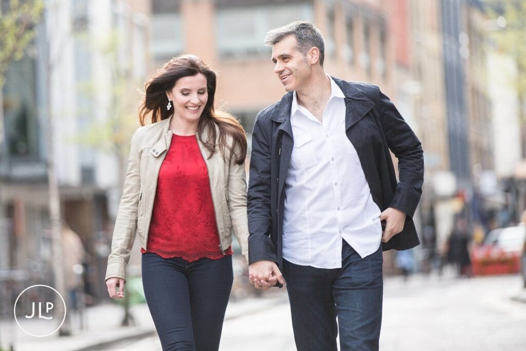Close-up of a smiling couple captured by a Brick Lane engagement photographer.