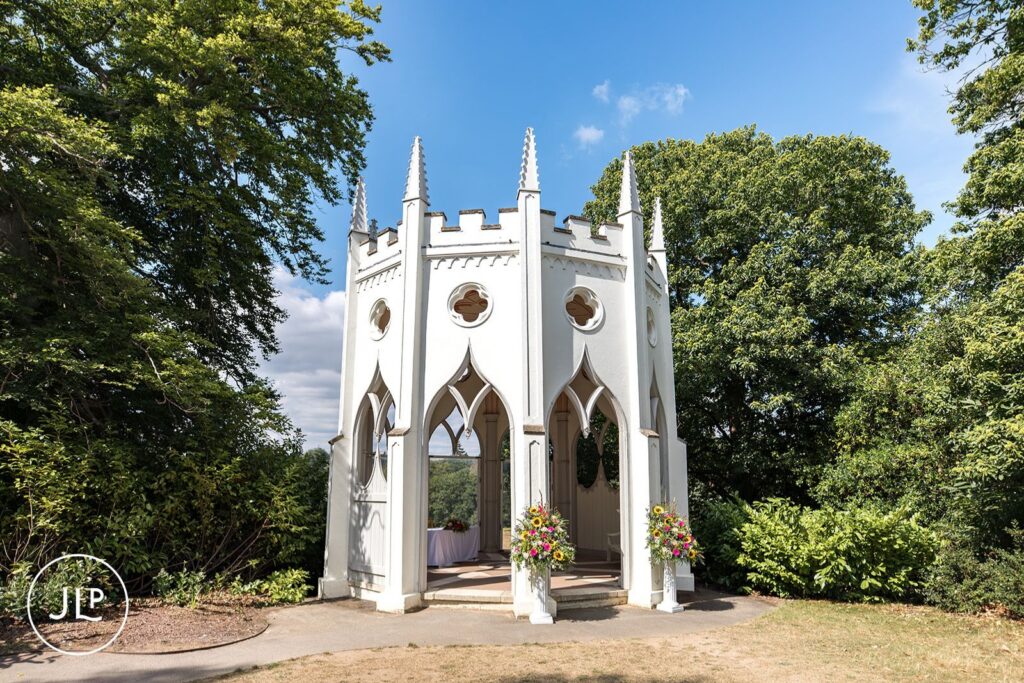 The Gothic Temple set up for an outdoor Surrey wedding at Painshill Park Cobham.