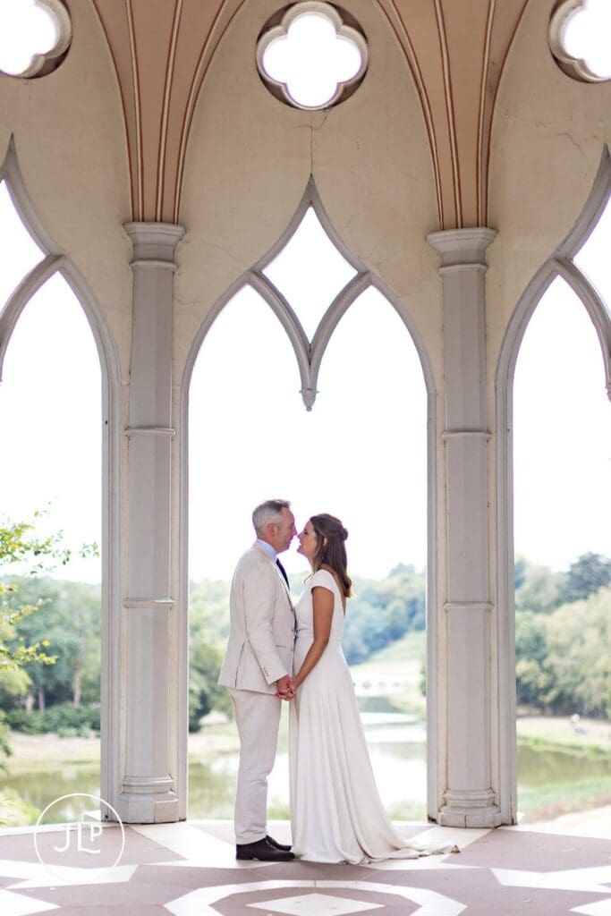 Elegant couple portrait at the Gothic Temple, taken by a Surrey wedding photographer.