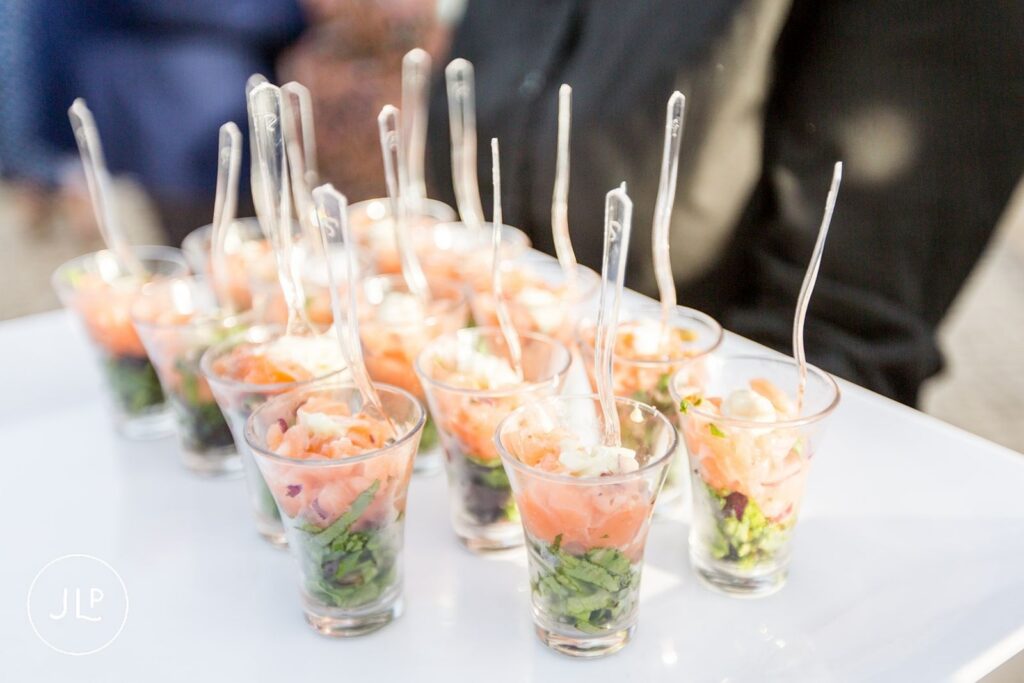 Stylish salmon hors d'oeuvres served at a luxury Algarve wedding reception at Quinta dos Vales wine estate.