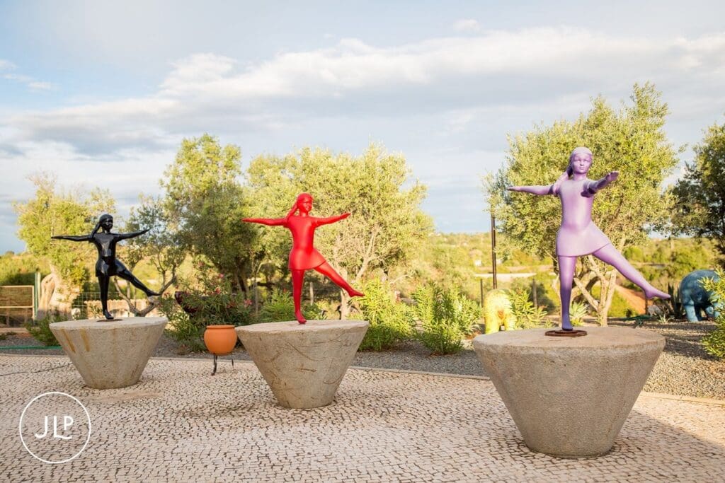 Striking contemporary sculptures in the gardens of Quinta dos Vales, a unique Portugal wedding venue.