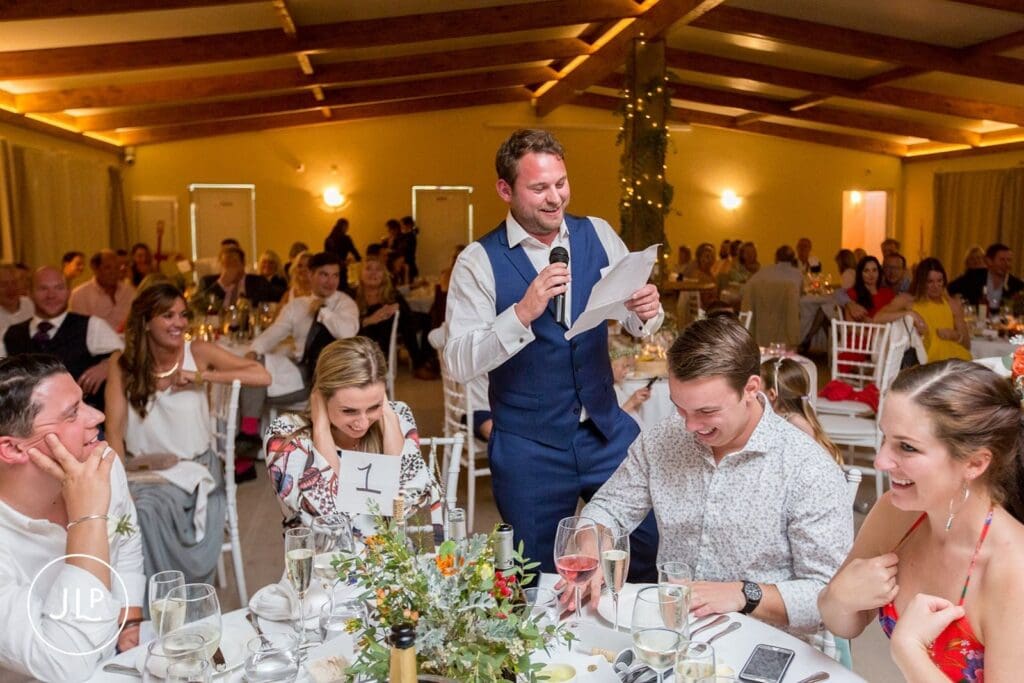 Groom Matty delivering a heartfelt speech at his Quinta dos Vales wedding in the Algarve, Portugal.