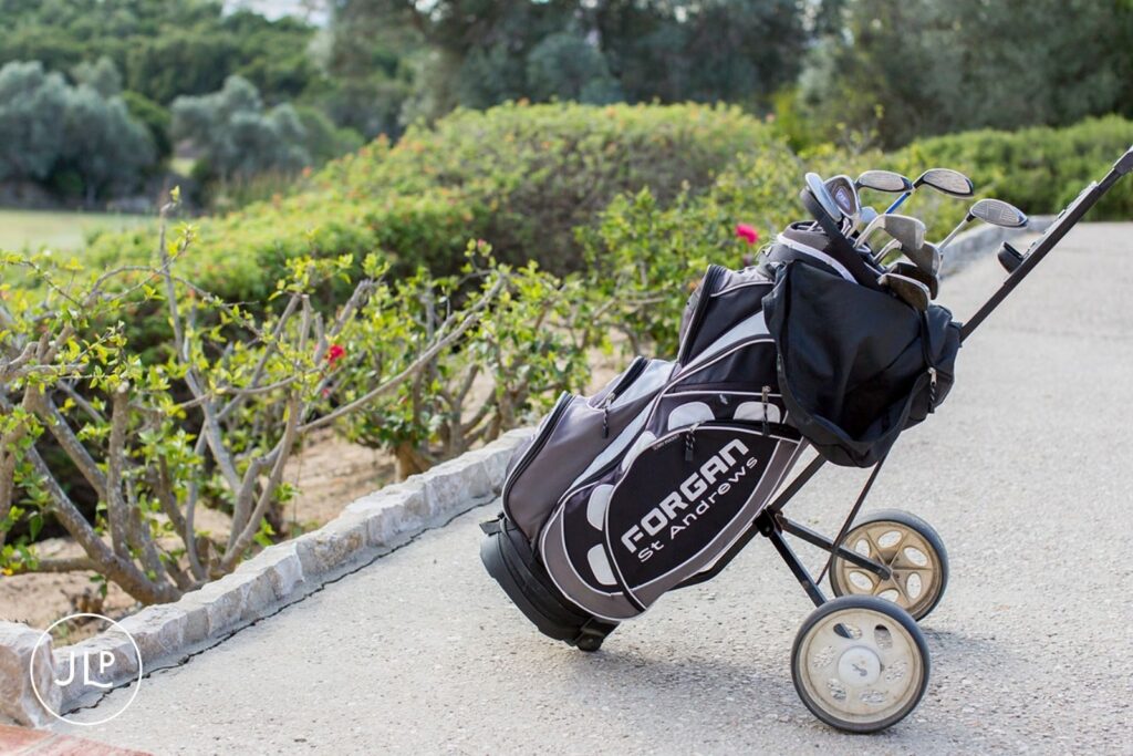 Forgan St Andrews golf bag at Vale de Milho Golf, a unique groom preparation detail for an Algarve wedding.
