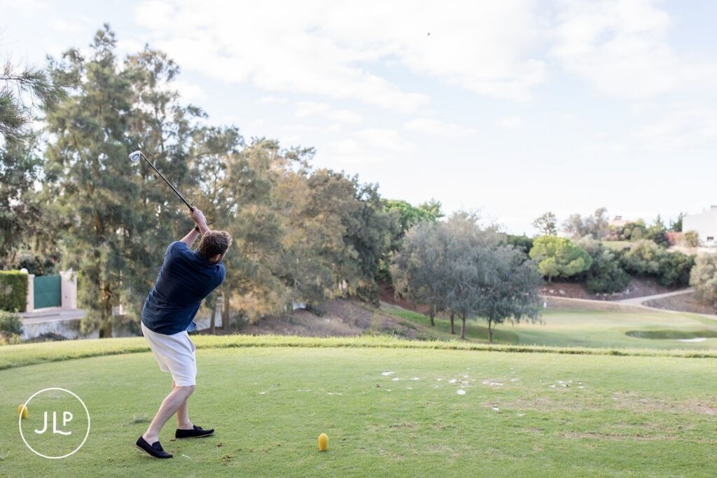 Matty teeing off at Vale de Milho Golf during his relaxed Algarve wedding morning in the sunshine.