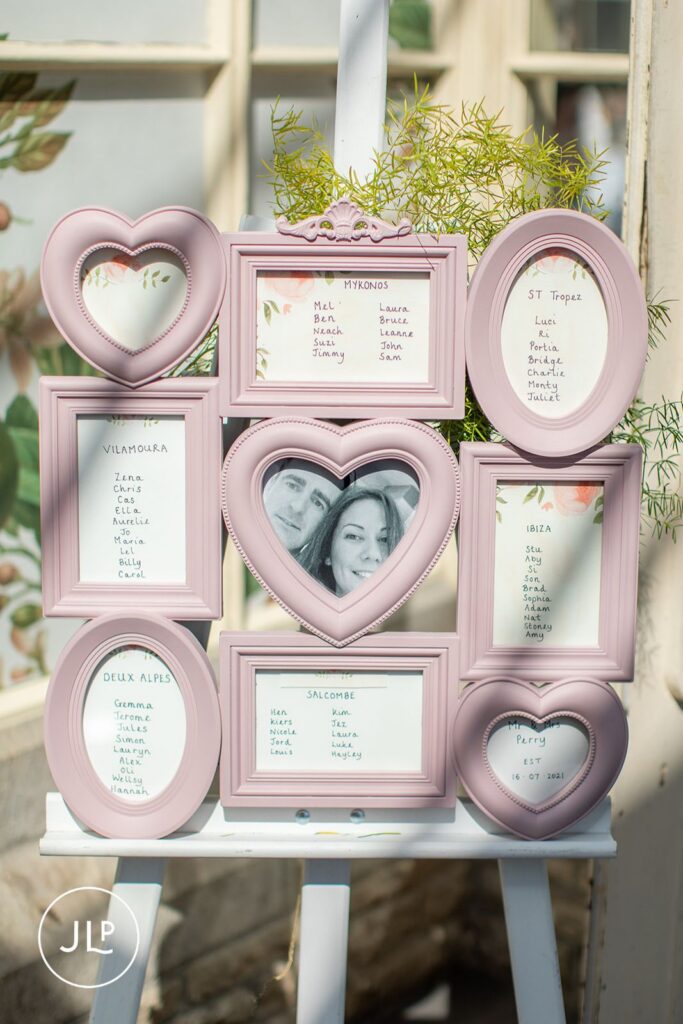 Travel-themed pink wedding seating plan at a luxury Gloucestershire wedding venue.