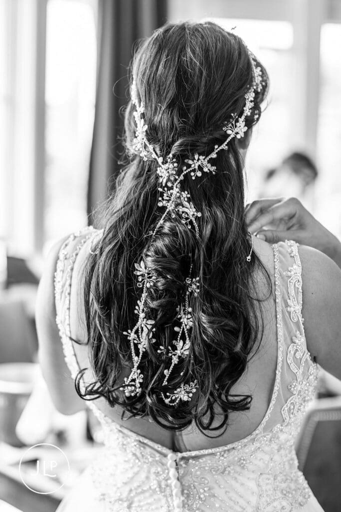 Elegant bridal hair vine detail shot by a luxury Gloucestershire wedding venue photographer.